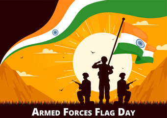 Indian Armed Forces Flag Day Vector Illustration featuring the Indian Army and Waving Flags in a National Holiday in a Flat Cartoon Style Background