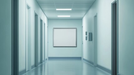 Blank empty white picture frame mockup in a hospital corridor --ar 16:9 --v 6.1 Job ID: 951e039a-23ee-466e-9c14-369e72e2c1d6