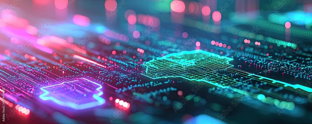 Poster digital circuit board with glowing neon patterns and lights on a dark background.