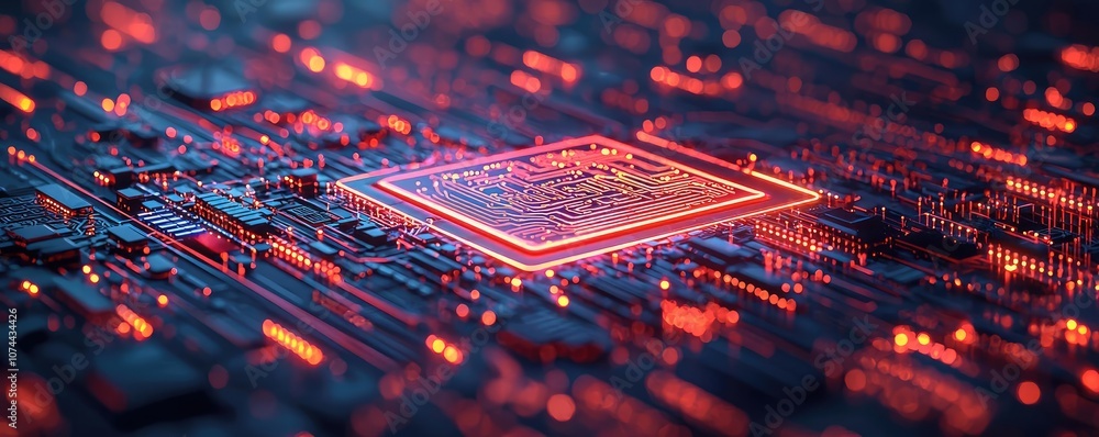 Poster close-up of a glowing microchip on a circuit board, showcasing intricate details.