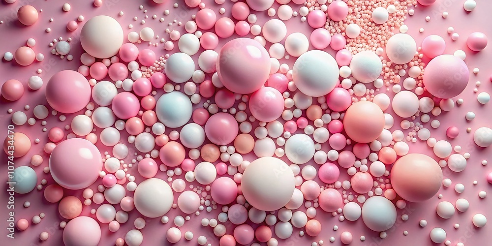 Poster aerial view of round particles of various diameters on a soft pink surface, creating a beautifully t