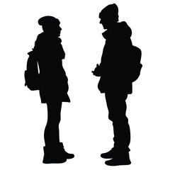a university student are talking each other wearing winter clothes vector silhouette