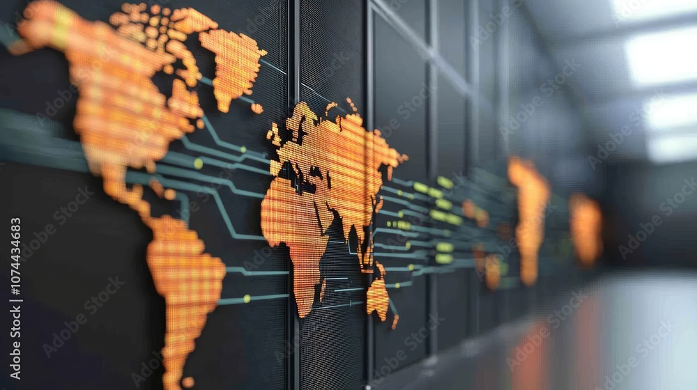 Poster world map with digital circuits on a modern server background, technology concept.