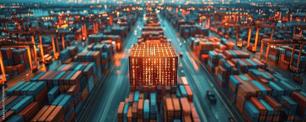Poster aerial view of a busy shipping port with colorful containers.