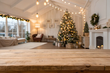 Empty wooden tabletop. There is a New Year's atmosphere in the background