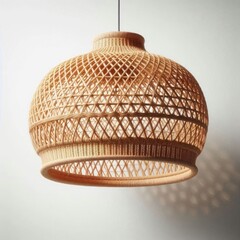 Fototapeta premium A wicker lamp shade hanging from a ceiling against a white background. AI generated.
