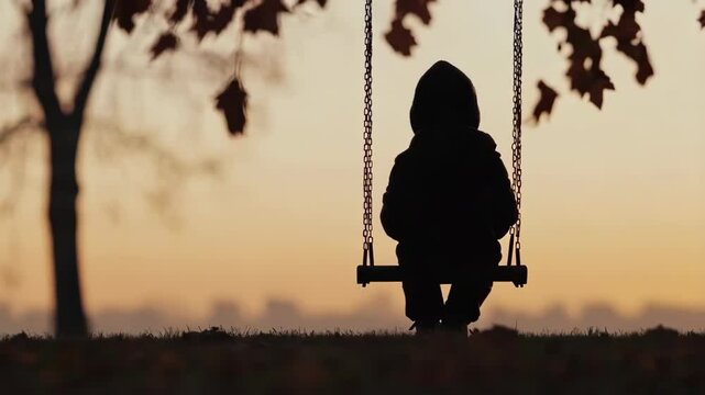Silhouetted child on swing against golden sunset creates nostalgic mood, ideal for childhood development programs and emotional wellbeing campaigns