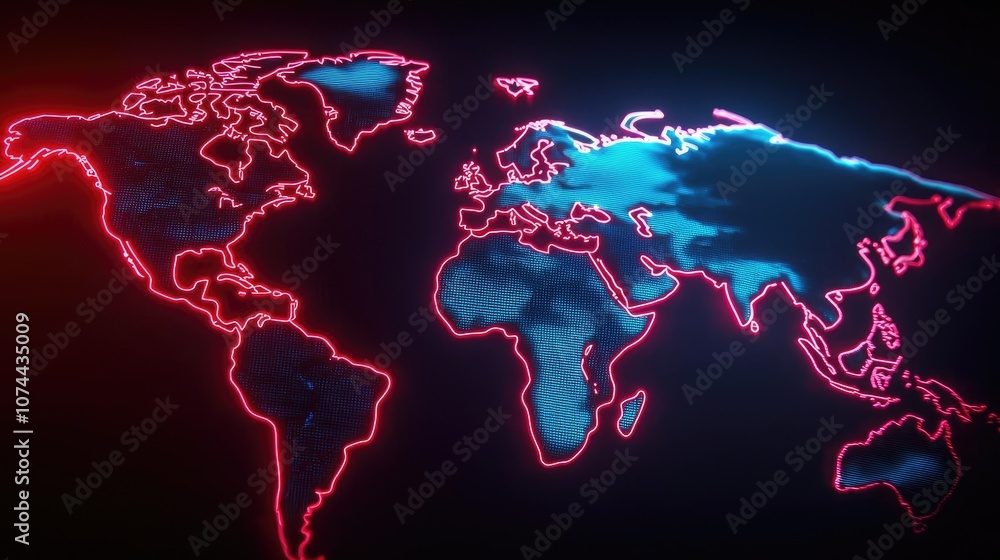 Poster digital world map with neon lines on a dark background.