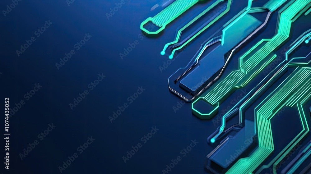 Poster abstract circuit board design with blue and green lines on a dark background