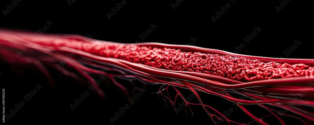 Poster close-up view of intricate red filament resembling vascular structures, black background.