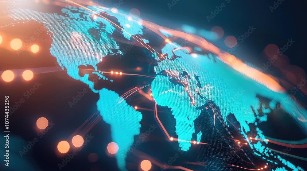 Poster digital world map with glowing network connections on dark background.