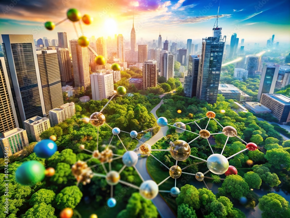 Poster aerial view of urban landscape with chemical structures highlighting the presence of c10 h15 n in mo