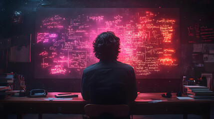 Silhouette of a Person Studying in a Dark Room with Glowing Pink and Red Equations on the Wall - 3d Illustration