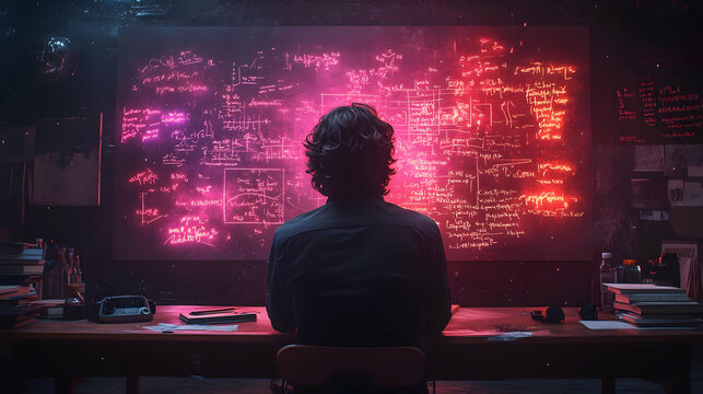 Silhouette of a Person Studying in a Dark Room with Glowing Pink and Red Equations on the Wall - 3d Illustration