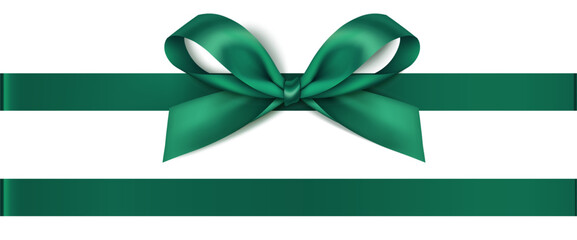 Decorative Christmas green bow with horizontal ribbon isolated on white. Beautiful new year decoration for your design. Vector stock illustration.