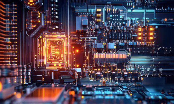 A close-up view of a futuristic circuit board with glowing elements and intricate details.