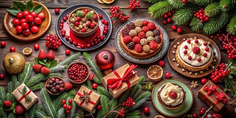 A Festive Display of Holiday Desserts Surrounded by Seasonal Decorations, Creating a Warm and Celebratory Atmosphere for Festive Gatherings and Celebrations