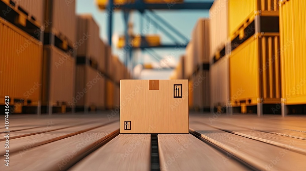 Poster Cardboard box located in a shipping container yard with blurred containers in background