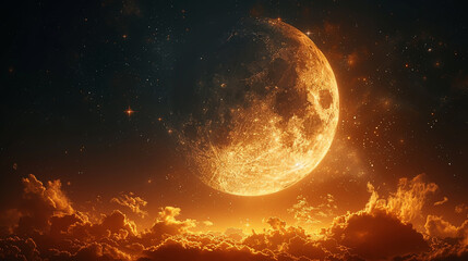 Fototapeta premium Abstract Crescent Moon on dark blue night sky background. Universe filled with stars, nebula and galaxy with noise and grain.