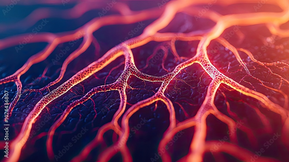 Poster abstract close-up of vibrant red and blue neural pathways on a dark background.