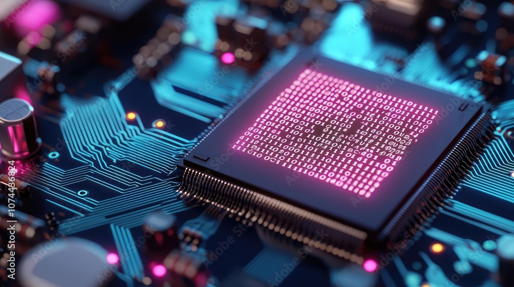 Poster close-up of a computer chip with glowing circuitry and vibrant colors.