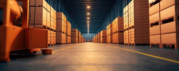 Fototapeta premium Empty warehouse with stacks of wooden pallets and a forklift, industrial setting.