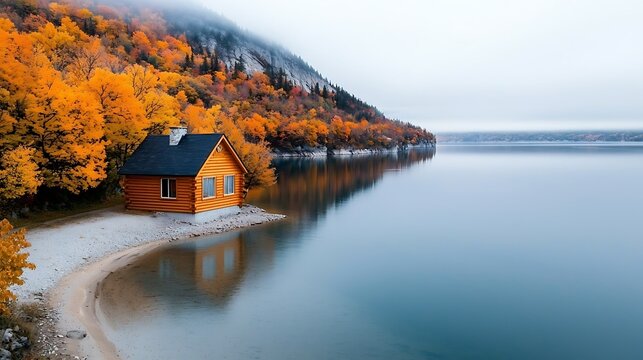 A cozy wooden cabin nestled amongst the vibrant maple trees with a clear view of the majestic Saint Lawrence River in Quebec, Canada.