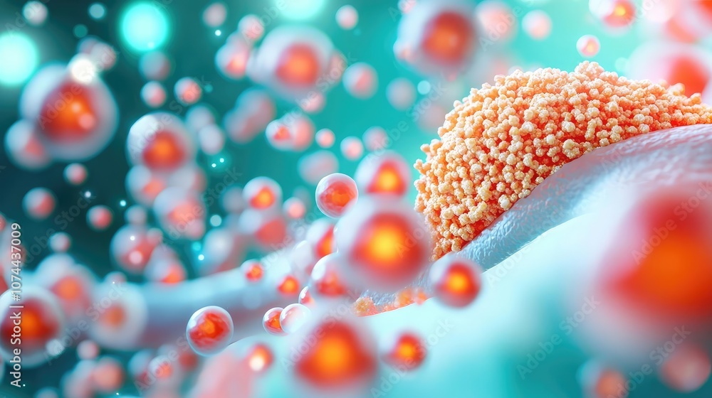 Poster close-up of cellular structures and particles, vibrant microscopic background.