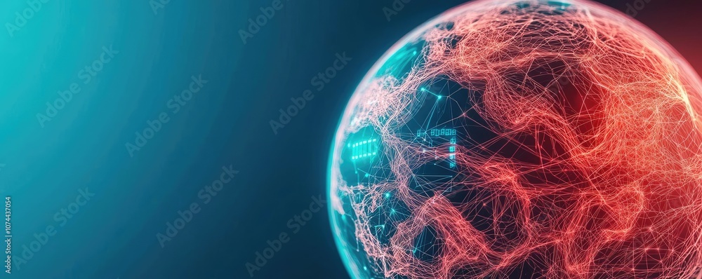Poster abstract representation of a globe with network connections in vibrant colors.