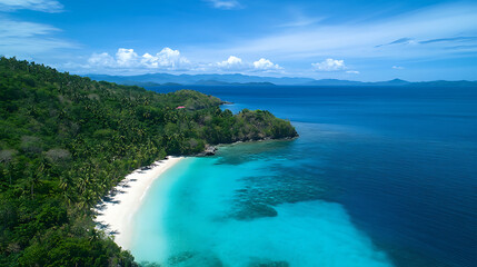 Fototapeta premium Scenic view of a secluded tropical paradise with turquoise waters, white sand, and lush green palm trees under a bright blue sky, creating a tranquil escape for travelers 