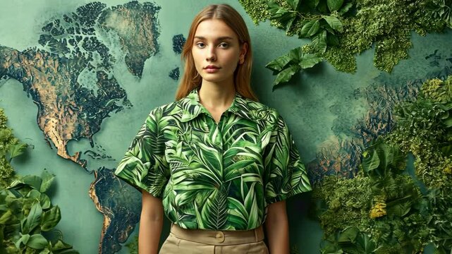 A woman stands in front of a world map made of green foliage, wearing a tropical print shirt