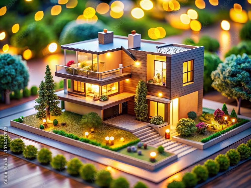 Poster architectural model of a modern house showcasing a detailed interior layout with a stunning bokeh ef