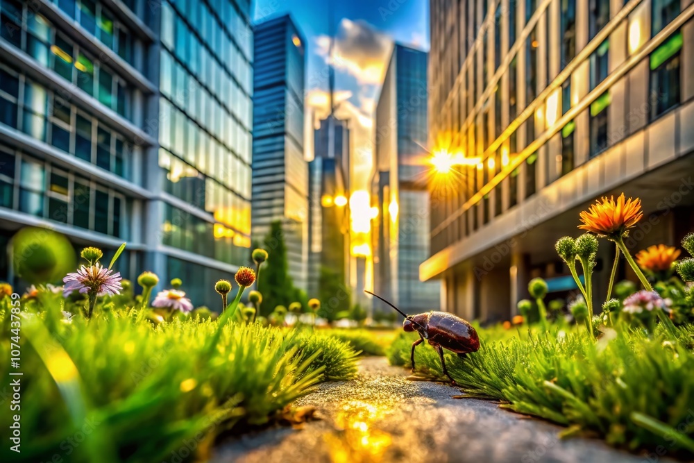Poster architectural photography featuring a bug on the ground amidst modern structures and natural element