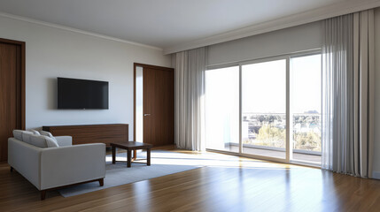 Fototapeta premium Cozy modern living room with large windows overlooking a bright outdoor view in daylight