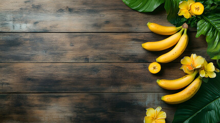 Fresh organic bananas arranged with tropical flowers on wooden table