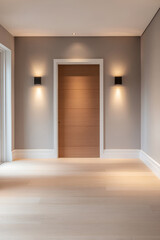A modern, minimalistic interior with soft lighting and wooden door in a spacious room