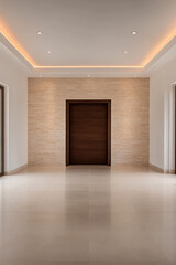 Modern interior hallway with elegant lighting and natural stone accents in a contemporary home