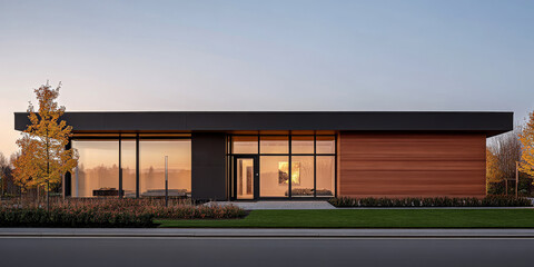 Fototapeta premium Modern single-story home with large windows at sunset, showcasing minimalist architectural design