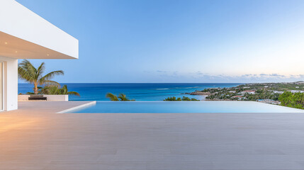 Naklejka premium Stunning ocean view from a modern villa with infinity pool at sunset