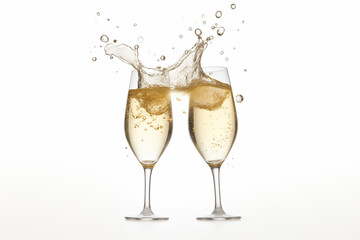 Two Champagne Flutes Toasting with Splash on White Background