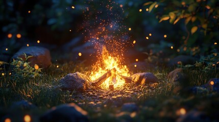 A glowing campfire surrounded by rocks and greenery, creating a cozy atmosphere.