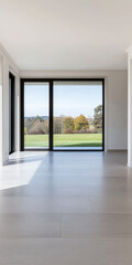 Fototapeta premium Bright and spacious interior with large windows showcasing a serene landscape in daylight