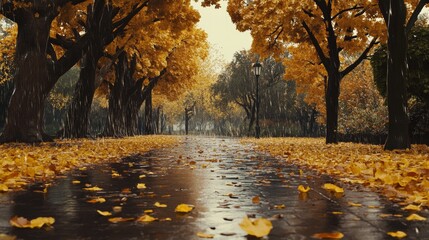 Fototapeta premium Autumn scenery in a park. Golden leaves adorn trees while fallen leaves carpet the rain-soaked path.