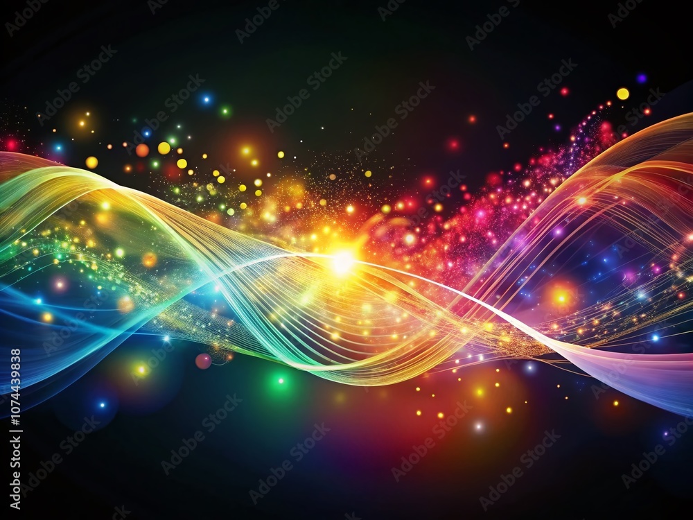 Poster a spectacular display of colorful light particles creating a dynamic wave against a dark background 