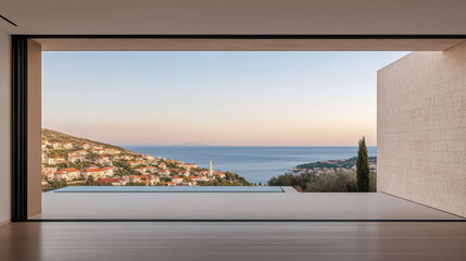 Modern architectural design featuring a panoramic sea view in the evening light