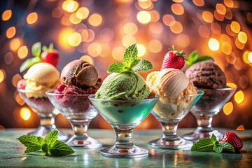 Assorted Ice Cream Scoops in Colorful Cups Featuring Chocolate, Vanilla, Mint, and Strawberry Flavors for a Delicious Dessert Experience