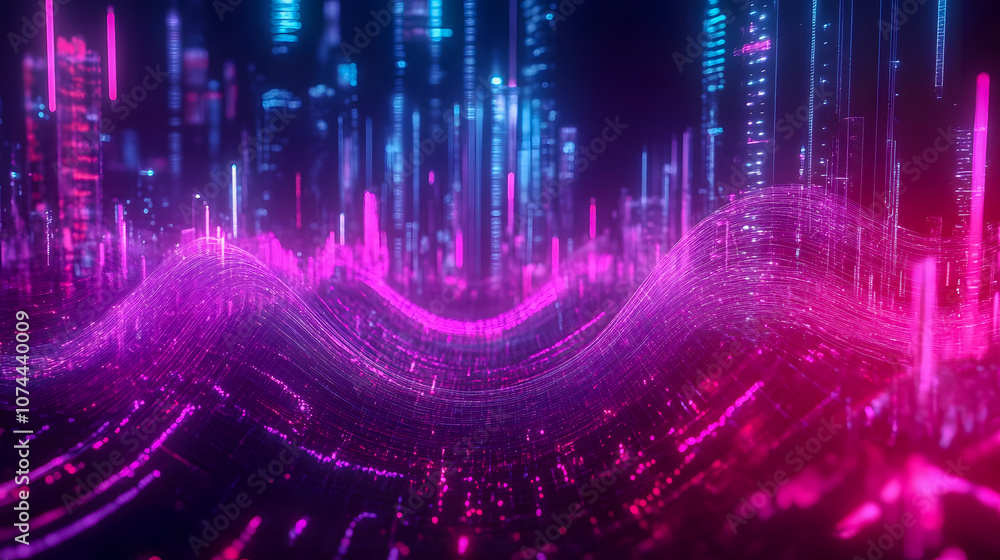 Poster Vibrant Neon Waves in a Futuristic Cityscape with Colorful Lights and Digital Effects, Creating an Abstract Artistic Representation of Technology and Energy