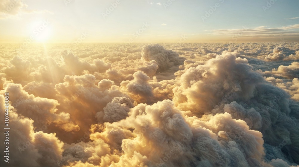 Poster golden sunlight breaks through a vast field of fluffy clouds, creating a peaceful and awe-inspiring 