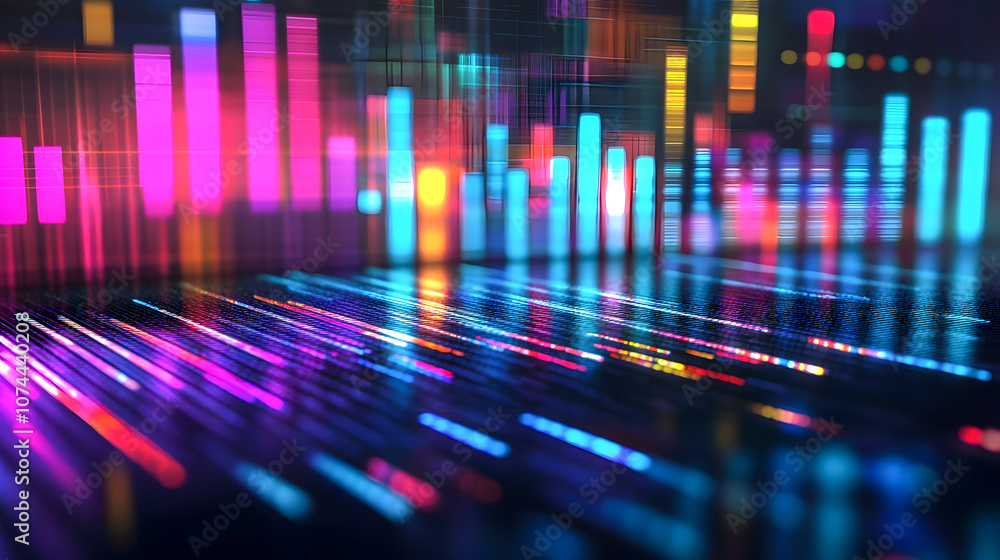 Poster vibrant abstract background with colorful light bars and dots creating a dynamic visual sound wave e