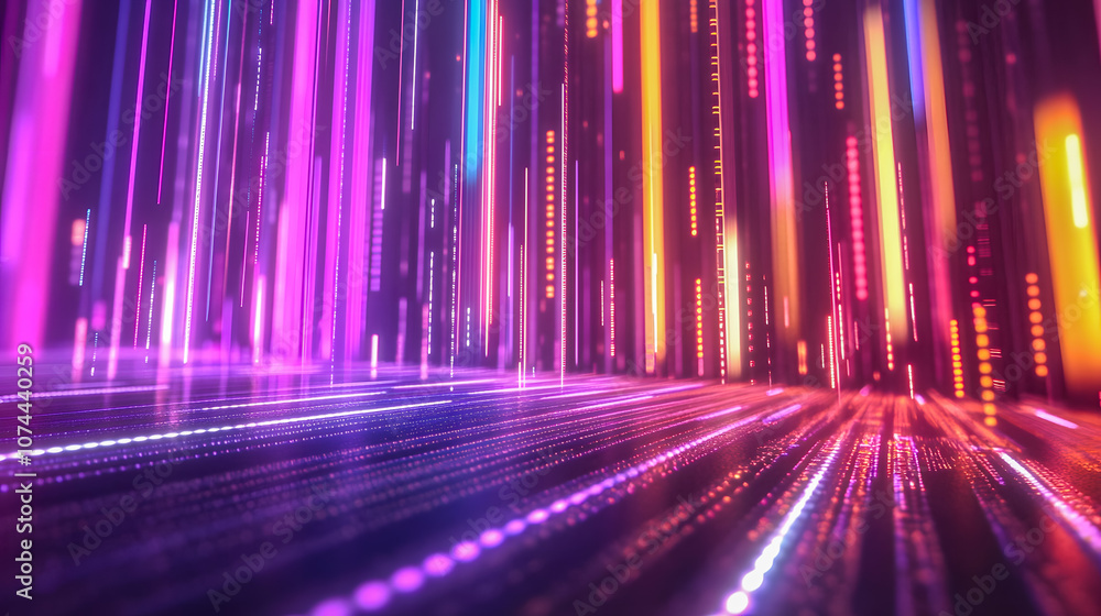 Poster abstract colorful background with bright light streaks and glowing particles creating a vivid digita